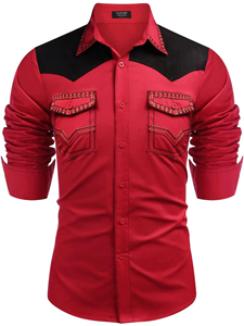 Men's Black Western <b>Shirt</b> With Brown <b>Suede</b> Yoke And Red Embroidered Pockets Full Sleeve Casual <b>Shirt</b> Autumn Wear - Product Image 5