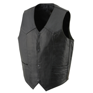 <b>Men's</b> Genuine Leather V-Neck <b>Vest</b> Single Breasted Button Closure Moto Biker Waistcoat - Product Image 4