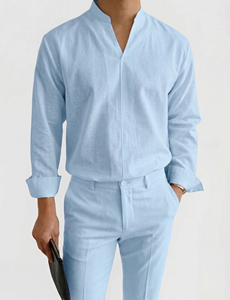 Nouvelle Arrivée Chemise Habillée Homme en Mélange de Coton Manches Longues Col Montant Coupe Slim Couleur Unie Respirante Décontractée Chic - Product Image 2