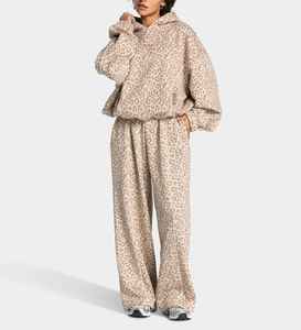 Conjunto Deportivo Holgado de Punto con Estampado de Leopardo Personalizado para Mujer, Ropa Casual Transpirable, Top de Manga Larga, Conjuntos Deportivos Holgados para Mujer - Product Image 1