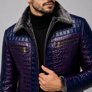 Veste en cuir de crocodile gaufré violet pour homme avec col en fausse fourrure, fermeture éclair, style motard, manteau chaud d'hiver - Product Image 5