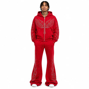 Chándal Rojo con Capucha, Estampado Completo de Alas Cruzadas con Pedrería, Diseño Holgado, Ropa Urbana para Otoño, Cierre de Cremallera, Bolsillos Laterales - Product Image 2