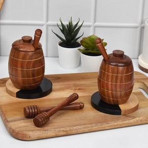 Pot à miel artisanal en bois avec couvercle et cuillère à miel, ensemble de pots de stockage en bois pour miel, vente en gros - Product Image 2