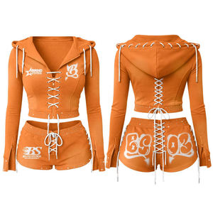 Women's Blue Hooded <b>Crop</b> <b>Top</b> Knee Shorts Set <b>Yellow</b> Lace-Up Design Sporty Two-Piece Breathable Eco-Friendly Casual Spring Summer - Product Image 5