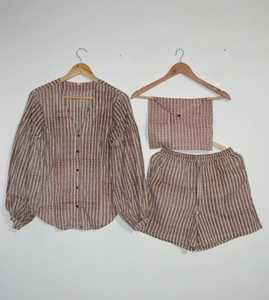 Conjunto de Pijama de 3 Piezas para Mujer, Camiseta de Manga Larga a Rayas con Pantalones Cortos, Ropa de Dormir Informal - Product Image 2