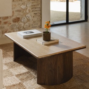 Table basse rectangulaire Vandana Hexa Astra 110x70 cm en travertin et bois d'acacia Casilda - Product Image 1