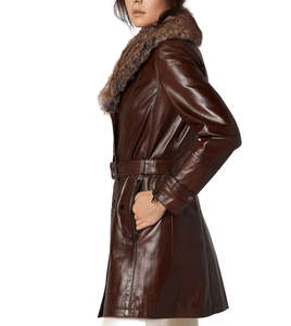 Abrigo de Cuero Kivotech, Estilo Gabardina, Color Marrón, Piel de Oveja, con Cinturón y Peluche, Largo, para Mujer, Otoño Invierno, 100% Cuero - Product Image 6