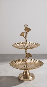 Modern Gold Metal 2 Tier Cake Stand Luxury Ginkgo Leaf Stem Dessert Display <b>Tray</b> Ball Finial Handle Cupcake Holder Party - Product Image 2