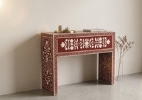 Table console en bois avec incrustations de os, fabrication artisanale indienne, rouge antique, pour entrée, hall, salon, table d'appoint