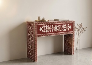 Table console en bois avec incrustations de os, fabrication artisanale indienne, rouge antique, pour entrée, hall, salon, table d'appoint - Product Image 2