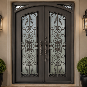 Elegante Puerta Doble de Entrada de Hierro Forjado con Paneles de Vidrio Esmerilado con Trabajos Decorativos, Puerta de Seguridad de Entrada Principal de Lujo - Product Image 1