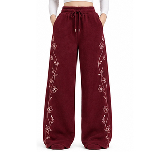 <b>Women's</b> Burgundy Wide Leg Fleece Pants High Waist Embroidered Floral Pattern <b>Loose</b> Fit Casual Sweatpants Autumn Style - Product Image 2