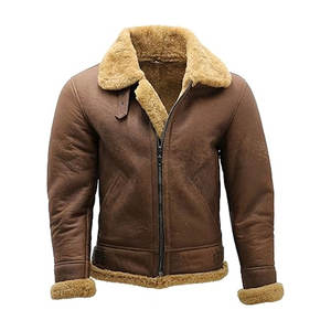 Veste en cuir de mouton marron pour homme, style bomber, veste d'aviateur, col en fourrure, veste de vol vintage - Product Image 1