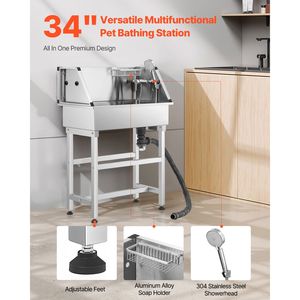 Stazione di lavaggio per cani da esterno in acciaio inossidabile da 34 pollici con rubinetto caldo/freddo, soffione doccia, portaoggetti e design anti-piegamento - Product Image 2