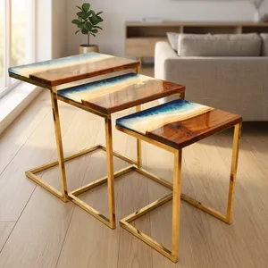 Wood Steel <b>Nesting</b> <b>Table</b> Set of 3 Handcrafted Resin River Top Stainless Steel Stand Modern Side Coffee <b>Tables</b> Home Decor - Product Image 5