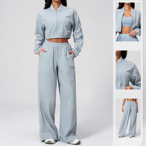 Nouvel ensemble de yoga 2 pièces pour femme, avec logo personnalisable sur le devant, haut court anti-UV et pantalon de sport à séchage rapide pour activités de plein air - Product Image 1