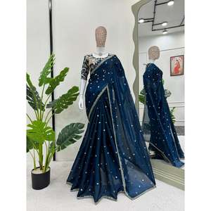 ผ้าไหมที่สวยงามประดับด้วยงานปักด้วยด้ายและเลื่อม พร้อมเสื้อสตรีแบบยังไม่เย็บติดกับผ้า (แบบไม่เย็บติด) สีรามา - Product Image 1