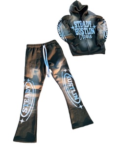 Fabricante personalizado lavado con ácido de dos piezas conjuntos de los hombres de la cremallera pantalones de chándal holgados Sun Faded Rhinestone Sudadera con capucha desgastada de talla grande - Product Image 3