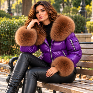 <b>Women</b> Fox <b>Leather</b> Puffer <b>Bomber</b> <b>Jacket</b> with Large Fur Collar and Sleeve Cuffs Trendy Winter Outerwear - Product Image 6