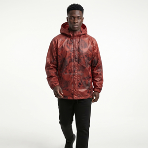 Men's <b>Hooded</b> PU Windbreaker <b>Jacket</b> <b>Red</b> Tie-Dye Print Waterproof Casual Outerwear Winter Wear - Product Image 4