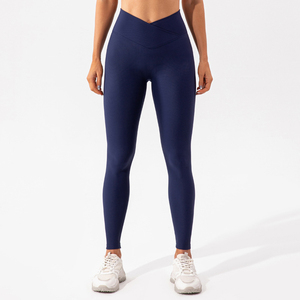Leggings de Yoga de Cintura Alta, Largos, Compresivos, Color Azul Marino Sólido, con Tejido Acordonado de Spandex y Nailon, Sin Costuras, Elásticos en Cuatro Direcciones, Transpirables - Product Image 1