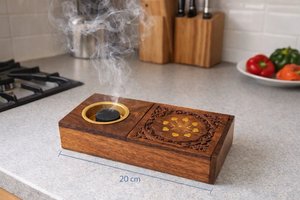 Boîte à encens en bois sculptée à la main avec insert en laiton, porte-bakhoor arabe pour la décoration de la maison et de la mosquée - Product Image 2