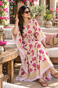Luxury Cotton <b>Kaftan</b> For Women's | Handmade Floral Print <b>Kaftan</b> | Loose Fit Beach & Resort wear Nightwear <b>Kaftan</b> - Product Image 1