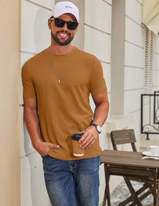 T-shirt en coton et élasthanne tricoté pour homme, logo frontal, col rond, manches courtes, coupe ample, écologique, séchage rapide, respirant, décontracté - Product Image 6