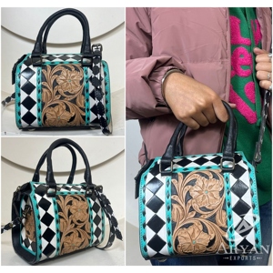 กระเป๋าหนังลายตารางขาวดำสไตล์ตะวันตก ทำมือ งานดีไซน์เนอร์ หนังวัวแท้ สำหรับผู้หญิง เหมาะสำหรับการเดินทาง ทนทาน - Product Image 1