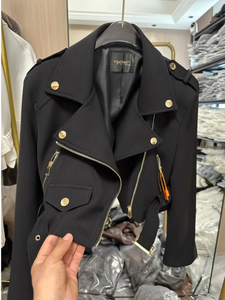 White Genuine Leather Moto Jacket Women Short Sleeve <b>Zipper</b> Front Turn-down Collar Solid Color Autumn Fashion Biker <b>Coat</b> - Product Image 2