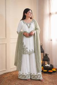 Ensemble Sharara en soie chino blanche épaisse avec dupatta, embossé, pour les occasions spéciales, mariage, Diwali, pour femmes - Product Image 2