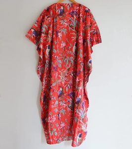 Floral Print V-Neck Maxi Dress Loose Boho <b>Summer</b> Casual <b>Kaftan</b> Short Sleeve Red Woven Polyester Dress - Product Image 5