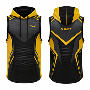 Camiseta sin mangas con capucha para hombre, negra y amarilla con bloques de color, estampado en relieve, de secado rápido, ajuste delgado, longitud regular, de poliéster tejido. - Product Image 1