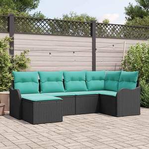 Ensemble de canapé de jardin en polyrotin noir, 6 pièces, avec coussins turquoise, meubles d'extérieur, design contemporain, imperméable - Product Image 1
