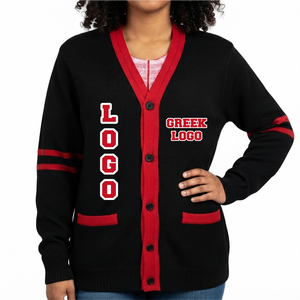 Custom Red Black Embroidered <b>Cardigan</b> Sorority Sweater Knitted V Neck Button Front Varsity Greek Apparel <b>for</b> <b>Men</b> and Women - Product Image 1