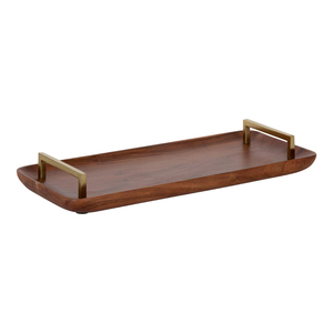 Plateau décoratif artisanal en bois d'acacia massif avec poignées en métal doré, plateau de service en noyer de style mid-century modern pour ottoman - Product Image 1