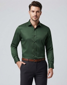 <b>Men's</b> Dark Green <b>Satin</b> Dress <b>Shirt</b> Full Sleeve Solid Turn-down Collar Anti-Wrinkle Formal - Product Image 2