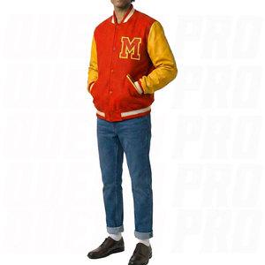 เสื้อแจ็คเก็ตบอมเบอร์แบบ Letterman สีแดงทำจากผ้าขนสัตว์และหนังสีเหลือง คุณภาพพรีเมียม สไตล์นักกีฬา แรงบันดาลใจจากเสื้อเบสบอลวิทยาลัย ให้ความอบอุ่น - Product Image 2