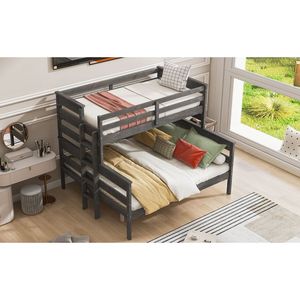 Cama litera doble XL gris sobre cama queen con escalera, muebles de madera para niños - Product Image 6