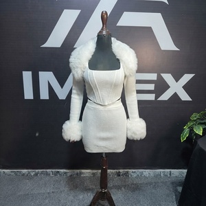 Women's <b>White</b> Knitted Two-<b>Piece</b> Set With Faux Fur Collar And Cuffs Winter Sexy Club Wear - Product Image 1