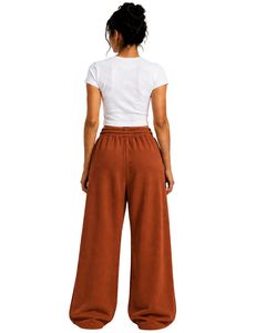 Pantalon de survêtement large pour femme, taille haute, coupe décontractée, style streetwear, en molleton, avec cordon de serrage et poches, couleur orange rouille - Product Image 2