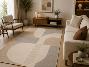 Alfombra de Lana Hecha a Mano para Sala de Estar, Estilo Escandinavo Japandi Minimalista, Beige Crema Gris, Geométrica, de Lujo y Diseño - Product Image 2