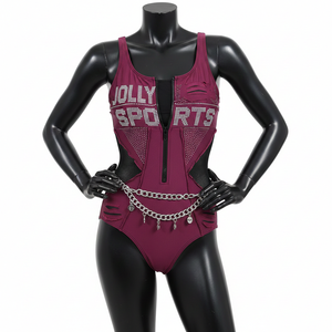 Traje de Baño Deportivo para Mujer, Tela Premium de Nailon y Spandex, 220 GSM, Panel de Malla Borgoña, Logotipo con Pedrería, Traje de Baño Personalizado para Mujer - Product Image 6