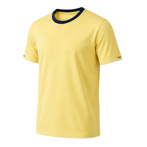 Camiseta Personalizada de Algodón Amarillo con Cuello Redondo y Contraste Azul Marino, Manga Corta, Ropa Casual de Verano para Hombre, Proveedor Mayorista - Product Image 4
