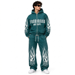 Ensemble survêtement homme en molleton de coton épais, sweat à capuche et pantalon surdimensionnés avec patch en chenille, deux pièces - Product Image 2