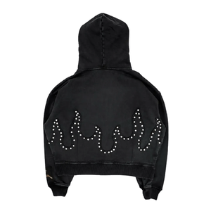 เสื้อฮู้ดดี้ผู้ชายแบบสั่งทำพิเศษ 400 GSM ประดับหมุดและคริสตัล ปักลาย ล้างสีแบบ Acid Wash ทรงโอเวอร์ไซส์ ซิปหน้า ทรงบ็อกซี่ - Product Image 2