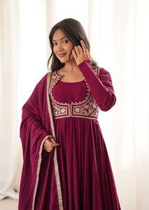 Women Rayon Embroidered Anarkali Suit Dupatta Set Maroon Floral Border Party <b>Wedding</b> Outfit For Women Wear - Product Image 2