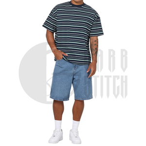 Conjunto de Camiseta y Pantalones Cortos de Mezclilla para Hombre, Camiseta a Rayas Informal, Estilo Holgado, Atuendo de Verano, Ropa Urbana, Top de Algodón, Pantalones Cortos de Mezclilla, Dos Piezas - Product Image 6