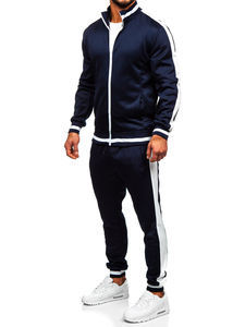 Men's Navy Blue Full Sleeve Zipper Tracksuit <b>Jacket</b> With <b>White</b> Trim And Front Print Sporty Design For Autumn Wear - Product Image 4