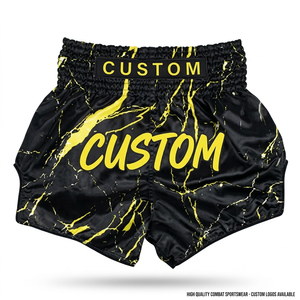 Fournisseur OEM de shorts de Muay Thai personnalisés avec logo, design marbré or sur satin bleu, vêtements de boxe en gros, shorts de Muay Thai - Product Image 5